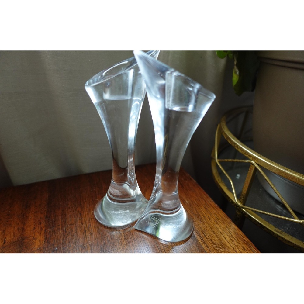 Orrefors Crystal Candle Stick Holder‎  Pair Signed Art Glass Modern Scandinavian
